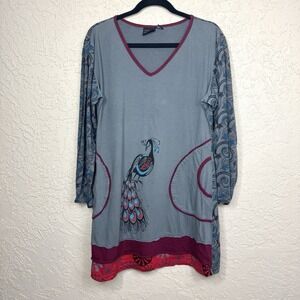 Cotton Jersey Tunic Dress/Top XL Peacock Art to Wear Lagenlook Whimsigoth Artsy